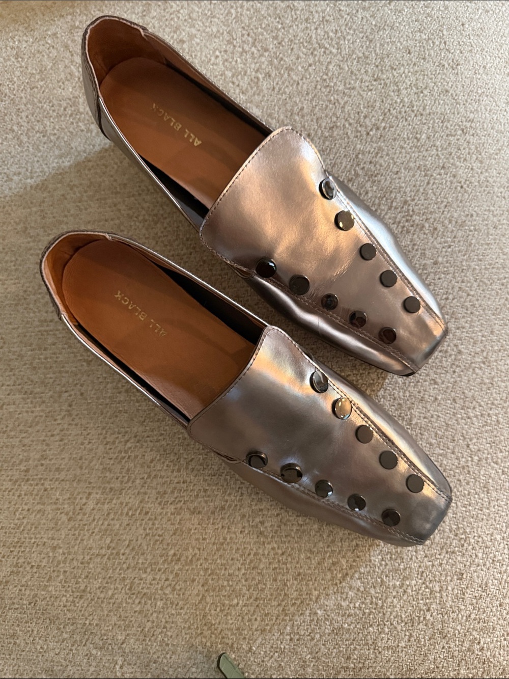 ALL BLACK brand Metallic Silver Studded Leather Loafers Flats EU 39